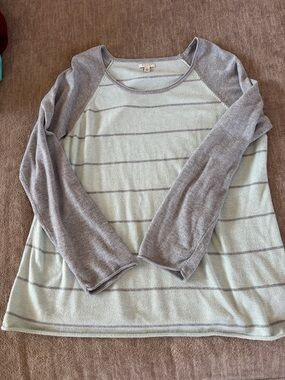 Sonoma Mint Green and Light Gray Striped Crew Neck Sweater
